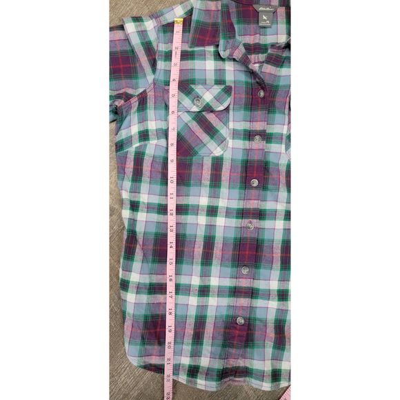 Eddie Bauer Button Down Flannel Women's S Petie Plaid Purple & Green 100% Cotton - Picture 10 of 15